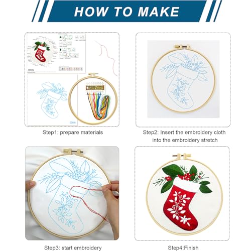Zhenqing Christmas Stocking Embroidery Kit for Beginners, Red Stocking Needlework Kit with Pre-Printed Fabric, Hoop, Threads & Tools (C0035) - style: Classic Christmas Stocking