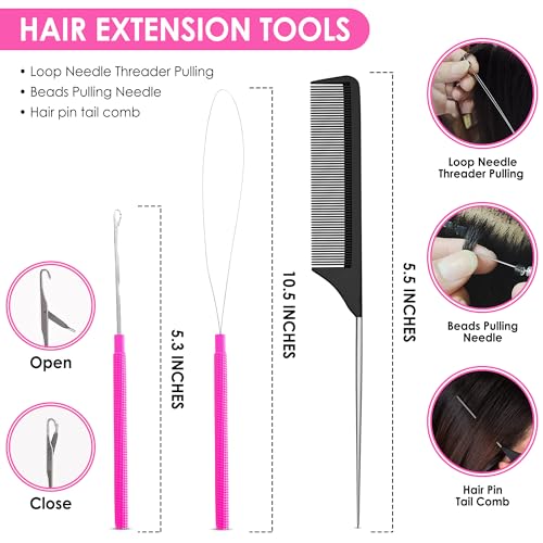 Beauty & Crafts Hair Extension Tools- Stainless Steel Pliers Set for Micro Beads- 1 Crochet Needle 1 Pulling Hook with Tail Comb- Micro Links Tool Kit with Leather Pouch- (Pink) - color: Pink