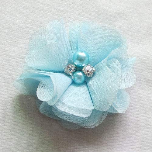 Chenkou Craft Pack of 12pcs Chiffon Flowers Ribbon Bows W/Beads 2-3/8" (60mm) Appliques Wedding Decor Bulk Lots (Blue) - color: Blue