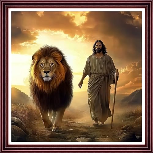 Funchey Counted Cross Stitch Kits for Adults Needlepoint Kits Unprinted Cross Stitching Embroidery Kit 11CT Cross Stitch Supplies-Jesus and the Lion Sunrise 18x18 inch - color: ArtsKit01
