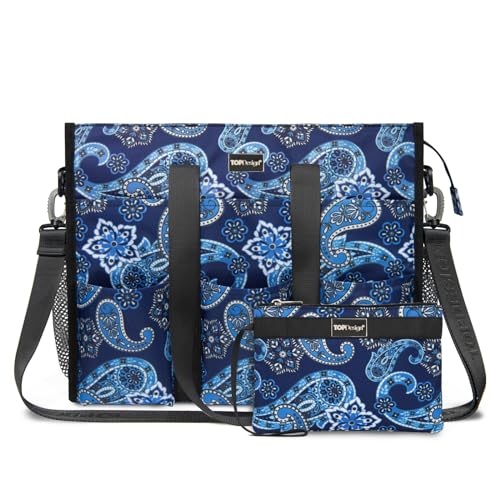TOPDesign Utility Water Resistant Tote Bag with 22 Pockets, Zipper Closure - color: Blue Bandanna, size: Large