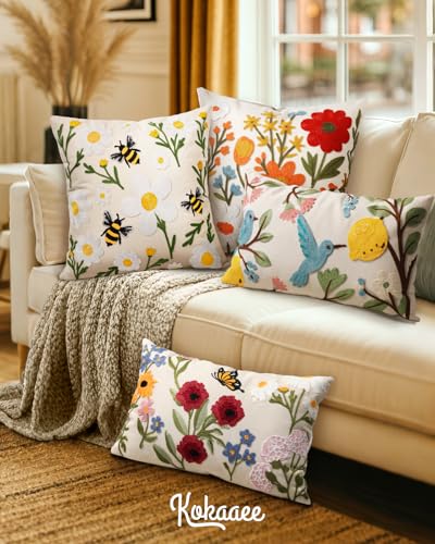 Embroidered Throw Pillow Cover 20x20 Inch, Flower Bee - color: Flower Bee, size: 20" x 20" (Pack of 1)