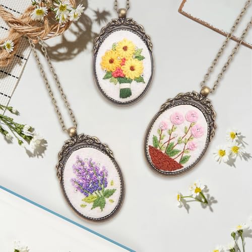SUNNYCLUE DIY 3 Sets Embroidery Necklace Kits Embroidery Pendant with Paper Instructions Embroidery Cloth Thread Needle Cross Stitch Hoop Flower Mini Cross Stitch Kit for Beginners Starter Adult Craft - style: Flower 3