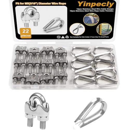 12Pcs 3/16'' M5 Wire Rope Clamps 10Pcs M5 Wire Rope Thimble - size: M5 - 3/16”