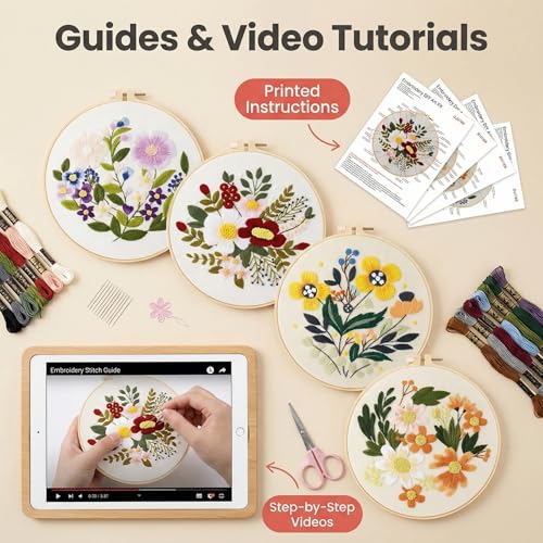 PALUJEF Floral Embroidery Kits for Beginners, Cross Stitch Kits for Adults, Easy Needlepoint Kits with Fun Floral Patterns, DIY Needlepoint Embroidery Starter Kit with Instructions, Mother’s Day Gift