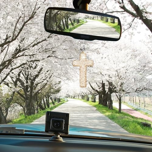 Bling Car Rear View Mirror Accessories Hanging Pendant,Cross Crystal Rhinestone For Car Mirror Hanging,Double-Sided Cross Diamond Religious,Interior Men Women Car Accessories - color: Gold