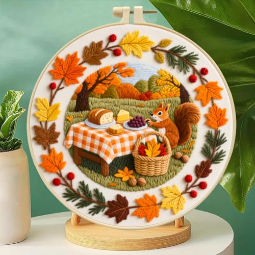 Zhenqing Squirrel Embroidery Kit for Beginners, Autumn Picnic Needlework Kit with Pre-Printed Cotton Fabric, Hoop, Threads & Tools, Fall Woodland Decor (C0141) - color: Autumn Picnic Squirrel