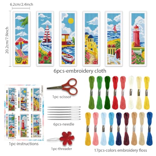 BEUNITONE 6 Pcs Summer Cross Stitch Bookmark Kits for Adults Beginners DIY Scenery Bookmarks Cross Stitch Kits with Instructions Bookmarks Punch Needle Kit for Book Lovers Reader Gift 8''x2.4'' - style: Coastal Scenery
