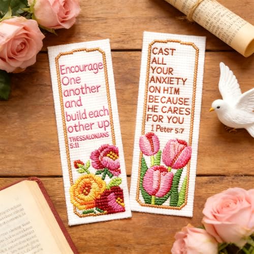 ORIGACH 6 Set Bible Verse Floral Cross Stitch Bookmark Kit for Beginner - style: Floral Scripture & Inspirational Verse