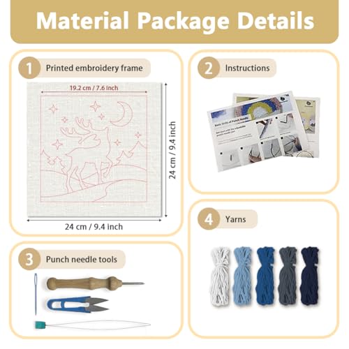 Doodlream Deer DIY Punch Needle Embroidery Kit for Adult Beginner, 9.4" Deer Punch Stitching Craft Set for Starter with Frame, Fabric Pattern, Threader, Yarn, Pinch Needle - color: Deer