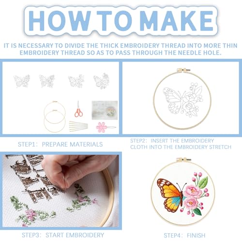 FREEBLOSS 4 Sets Embroidery Kit for Beginners Needlepoint Flower Butterfly Stamped Embroidery Starter Kit with Instructions, Needles, Threads, 2 Hoops 11.6"/29.5CM - style: Butterfly Flower