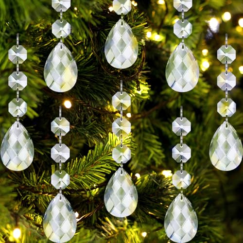 Jishi 30pk Crystal Teardrop Ornaments for Christmas Tree Decorations, Hanging Clear Plastic Acrylic Tear Drop Crystal Ornaments for Christmas Tree, Xmas Bead Garland New Years Party Supplies Clearance - style: Teardrop