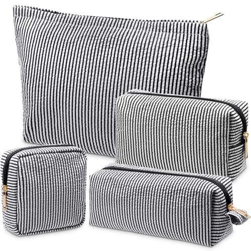 Sanwuta 4 Pcs Seersucker Pouch Striped Makeup Bag Set, Black - color: Black