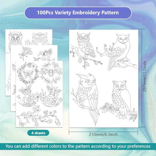 4 Sheets Water Soluble Hand Sewing Stabilizers 11.69x8.27 Inches Owl and Flower Stick and Stitch Embroidery Paper Adhesive Embroidery Transfer Paper for Shirts Coats Bags - style: Owl and Insect
