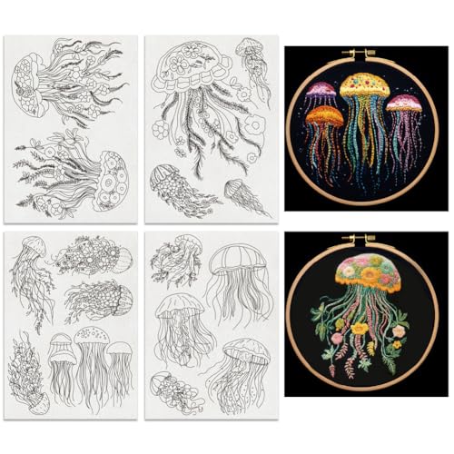 BENECREAT 4 Sheets 16 Pcs Jellyfish Water Soluble Embroidery Pattern, Stick and Stitch Embroidery Paper Wash Away Designs, Embroidery Starter for Beginners DIY Craft, Sewing Embroidery - color: Jellyfish