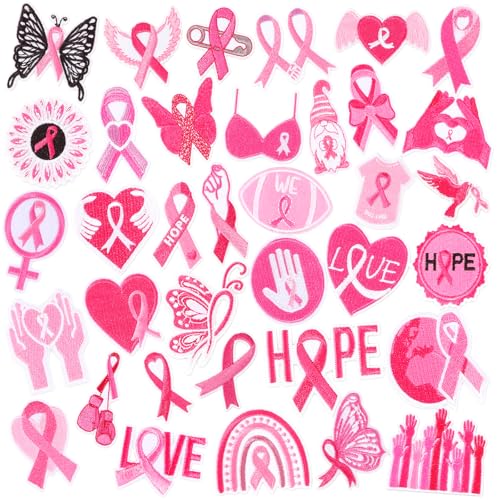 AUGSUN 36Pcs Breast Cancer Awareness Iron on Patches Pink Ribbon Applique - style: Breast Cancer Awareness