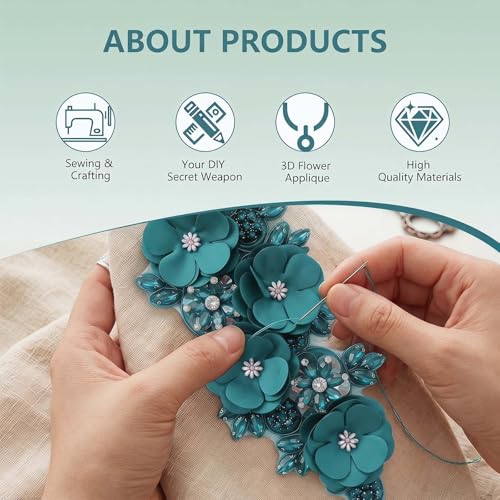 Handmade 3D Flower Embroidery Applique Rhinestone Lace Patches, Turquoise - color: Turquoise