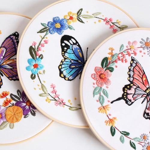 GLTAYLMY 3 Sets Butterfly Embroidery Starter Kit for Beginners Flower Stamped Cross Stitch Kits with Instructions for Beginners Adults Include Embroidery Hoop Threads and Needles - color: BU1EBK