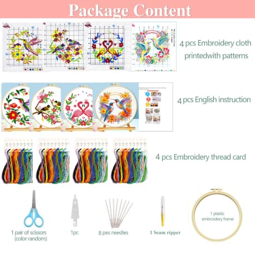 FEIYUENO 4 Pack Hummingbird Embroidery Kit for Adults Beginner, Bird - color: Bird