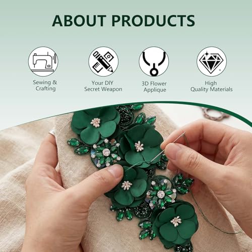 Handmade 3D Flower Embroidery Applique Rhinestone Lace Patch, Hunter Green - color: Hunter Green
