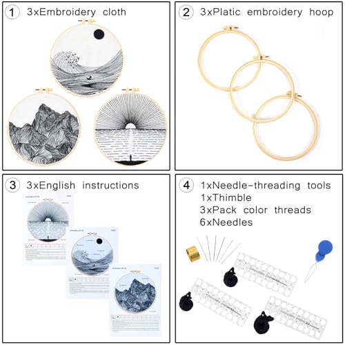 Crafmanoe Easy Embroidery Kits for Beginners Embroidery Starter Kits for Adults, Sea Stamped Cross Stitch Kits for Beginners Adults, Line Hand Embroidery Needlepoint Kit, 3 Set Embroidery Hoops