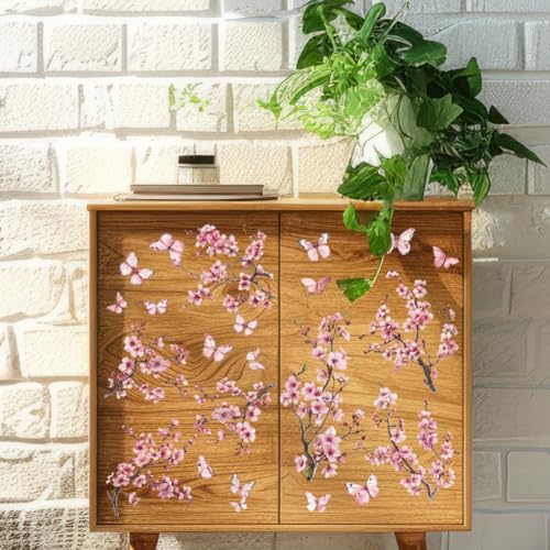 3 Sheet Rub on Floral Transfer Decals for Furniture Vintage Peach Blossom Flower Branches and Butterflies Rub on Transfer Stickers for Wood DIY Paper Window Home Decor 11.8 x 5.9 Inch - style: Pink flower branches and butterflies