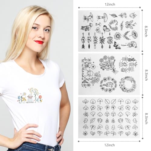 75 Pcs Stick and Stitch Embroidery Paper Designs 3 Sheets A4 Water Soluble Stabilizer for Embroidery Patterns Adhesive Embroidery Transfer Paper with Pre-Printed Flower Leave Butterfly for Hand Sewing