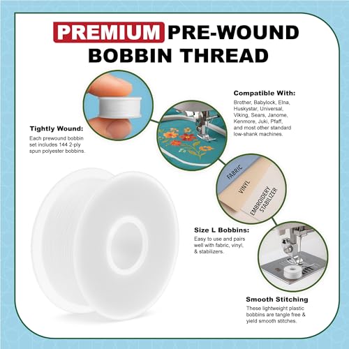 Mandala Crafts White Size L Prefilled Bobbin Thread, 144 PCs - color: White, size: Size L 144 X 142 Yards
