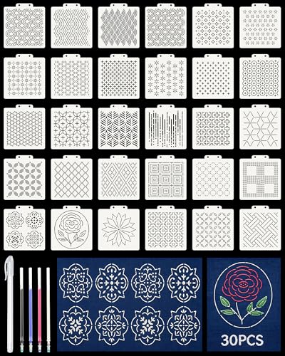 FIVEIZERO 30PCS Sashiko Stencils Kit,Sashiko Templates&4 Heat Erasable Pens - color: new style-small