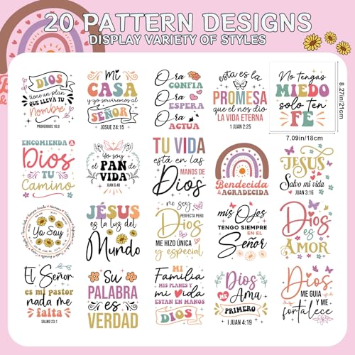 Spanish Bible Verse Iron on Transfers - 20Pcs Falueqg Dtf Transfers Ready to Press, Coloful Inspirational Saying Iron on Decal Patches, Cristianos Españoles Heat Stickers for DIY Tshirts Clothes - color: Spanish Bible Verse963