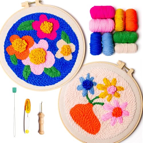 SPINNY Punch Needle Kit, Two Large Floral Designs w/ 2 Embroidery Hoops, Includes Beginner Video Tutorials and Instructions, Beginner Punch Stitch for Adults, Complete Kit for Crafters