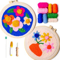 SPINNY Punch Needle Kit, Two Large Floral Designs w/ 2 Embroidery Hoops, Includes Beginner Video Tutorials and Instructions, Beginner Punch Stitch for Adults, Complete Kit for Crafters