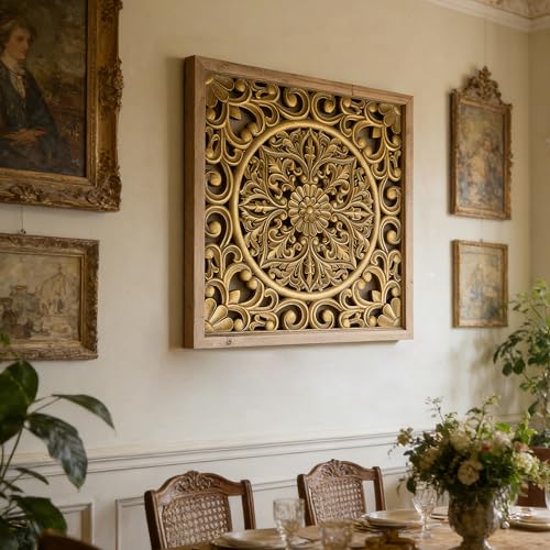 XIAOAIKA Boho Carved Wood Wall Art Panel, Floral Mandala, Distressed Gold - color: Gold