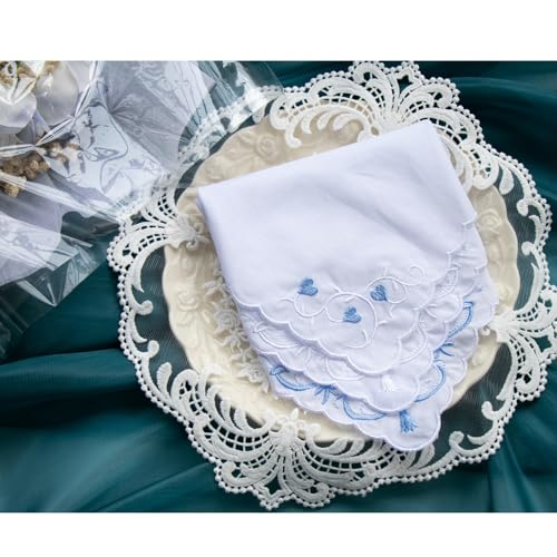 MileyMarla Ladies Embroidery Cotton White Handkerchiefs Lace Wedding Hankies - color: F01-3pcs