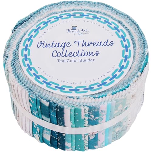 Threadart Teal Prints Jelly Roll - 40 Precut 2.5" Cotton Strips - color: Teal Prints