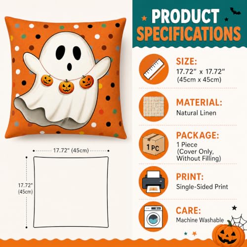 Cute Ghost with Pumpkin Linen Pillow Cover 18x18 Yellow Background - color: Pa10064, size: 18" x 18" (Pack of 1)