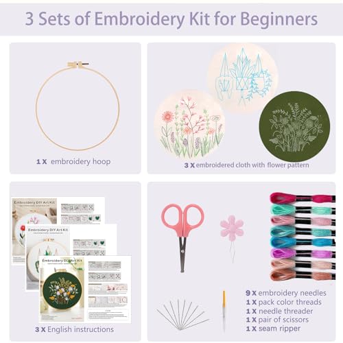 Offizon 3 Sets Embroidery Kit for Beginners Adult DIY Cross Stitches - color: Flower-D (3 Pack)