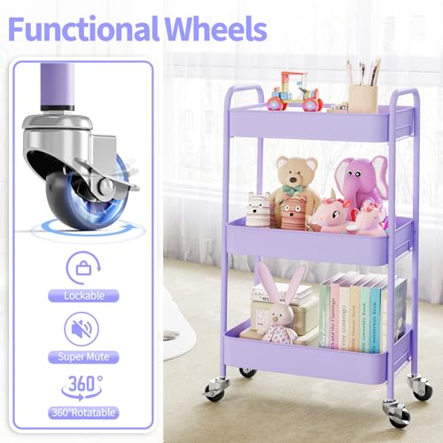 TOOLF 3 Tier Metal Rolling Cart, Utility Storage Cart with Wheels, Purple - color: Purple, size: 3-Tier