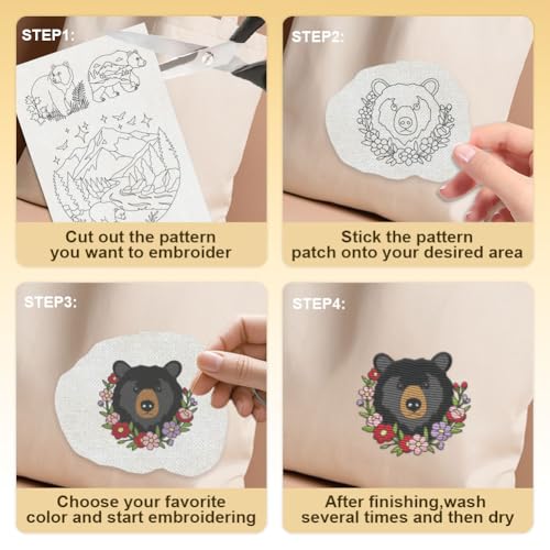 19Pcs Bear Flowers Water Soluble Hand Sewing Stabilizers, 8.3"x11.7" Cute Bear Mountain Forest Embroidery Pattern Stabilizer, 4 Sheets Animal Stick and Stitch Embroidery Paper Sticker