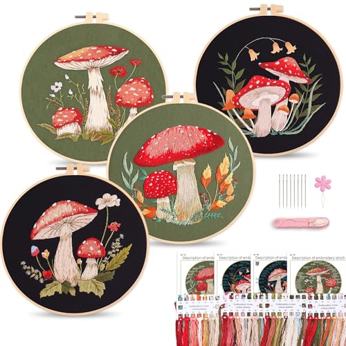 Harimau Adult Beginner Embroidery Starter Kit, Complete Set with 4 Patterns, 2 Hoops, Needles, Scissors, Instruction Guide & Stitching Video Tutorials - color: Mushroom1 pattern