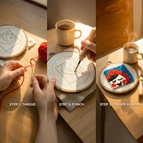 Nytale Punch Needle Kit for Beginners - DIY Coaster Rug Hooking Set (Little Red Riding Hood). Includes Non-Slip Rubber Hoop, Yarn, Tools & Video Guide. Fun Craft Gift Box (Set of 4) - color: Little Red, style: Modern