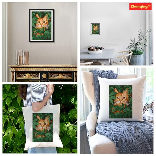 Zhenqing Orange Cat Stamped Cross Stitch Kit for Beginners, 11CT Printed Full Coverage Ginger Kitten in Green Leaves Pattern, 28 x 38 cm DIY Animal Embroidery Needlework Set, No Hoop Needed - color: Hidden Garden Cat