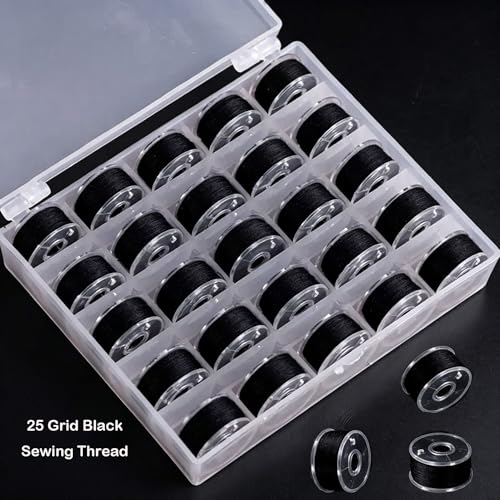 25pcs Black Sewing Thread with Storage Box and Spool Prewound Bobbins Polyester Thread for Hand Machine Sewing Embroidery - color: black