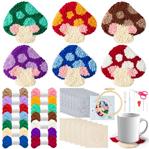 WATINC Punch Needle Coaster Kit - 22Pcs DIY Craft for Beginners, Mushroom