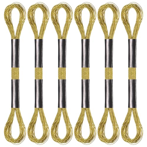 6 Skeins Embroidery Threads Metallic Light Gold Embroidery Floss Friendship Bracelet Cross Stitch Thread for Sewing Polyester Cross Stitch Threads for Hand String Art （8 m 12 Strands）
