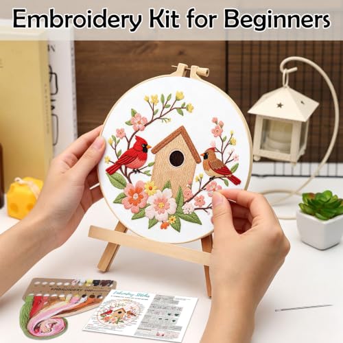 Louise Maelys Cardinal Birdhouse Flowers Embroidery Kit for Beginners - color: Cardinal Bird and Birdhouse
