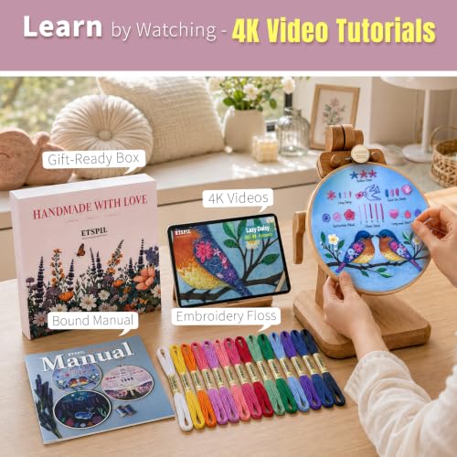 ETSPIL Beginner Embroidery Kit for Adults, Full-Color Print, 4K Video - color: Companion F