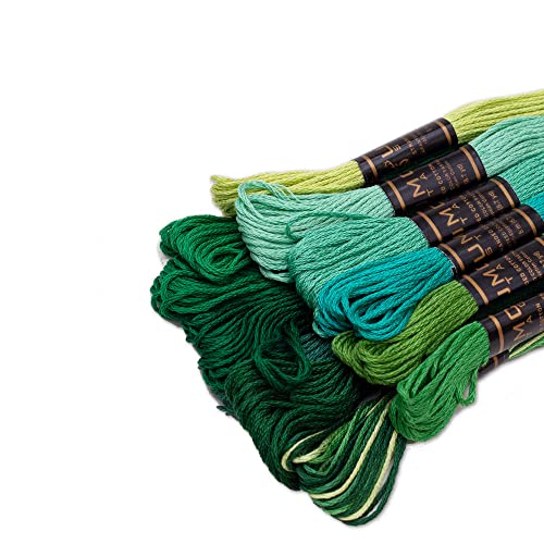 12 Pieces | Premium Embroidery Thread | 100% Egyptian Cotton Premium Skeins | Cross Stitch Embroidery Floss | Oeko TEX Certified Stranded Cotton (Green Tones) - color: Green Tones