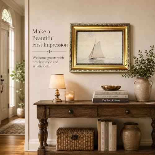 Gold Framed White Sailboat Seascape Wall Art Vintage Coastal Canvas Prints - color: Sailboat Gold Framed, size: 16"L x 12"W