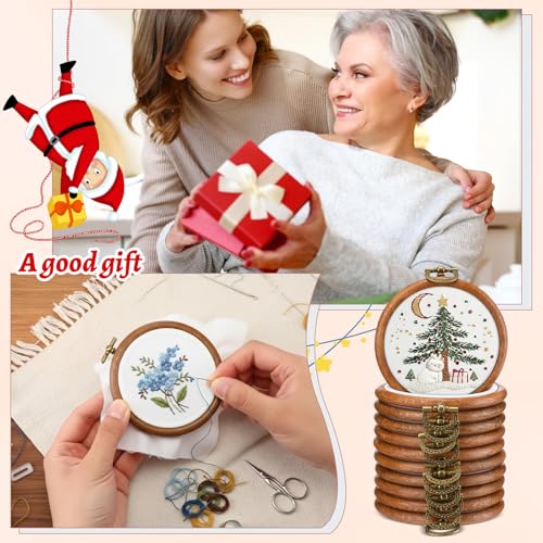 Fiwochic 30 Pcs 3.6 Inch Mini Embroidery Hoops Bulk Walnut Wood Color